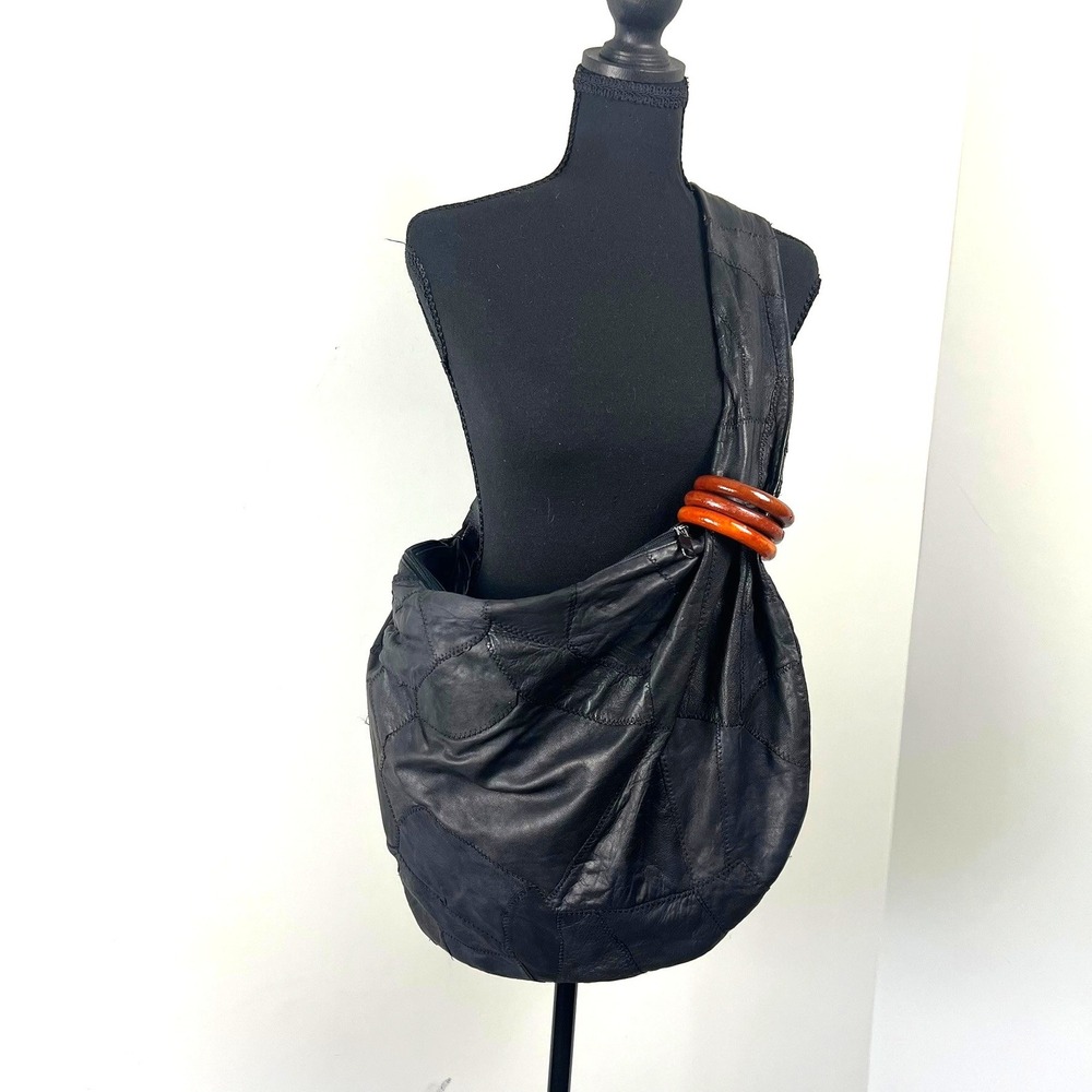 VTg Black Patchwork Oversized Leather Hobo Bag Slouchy Boho Wooden Rings Artisan